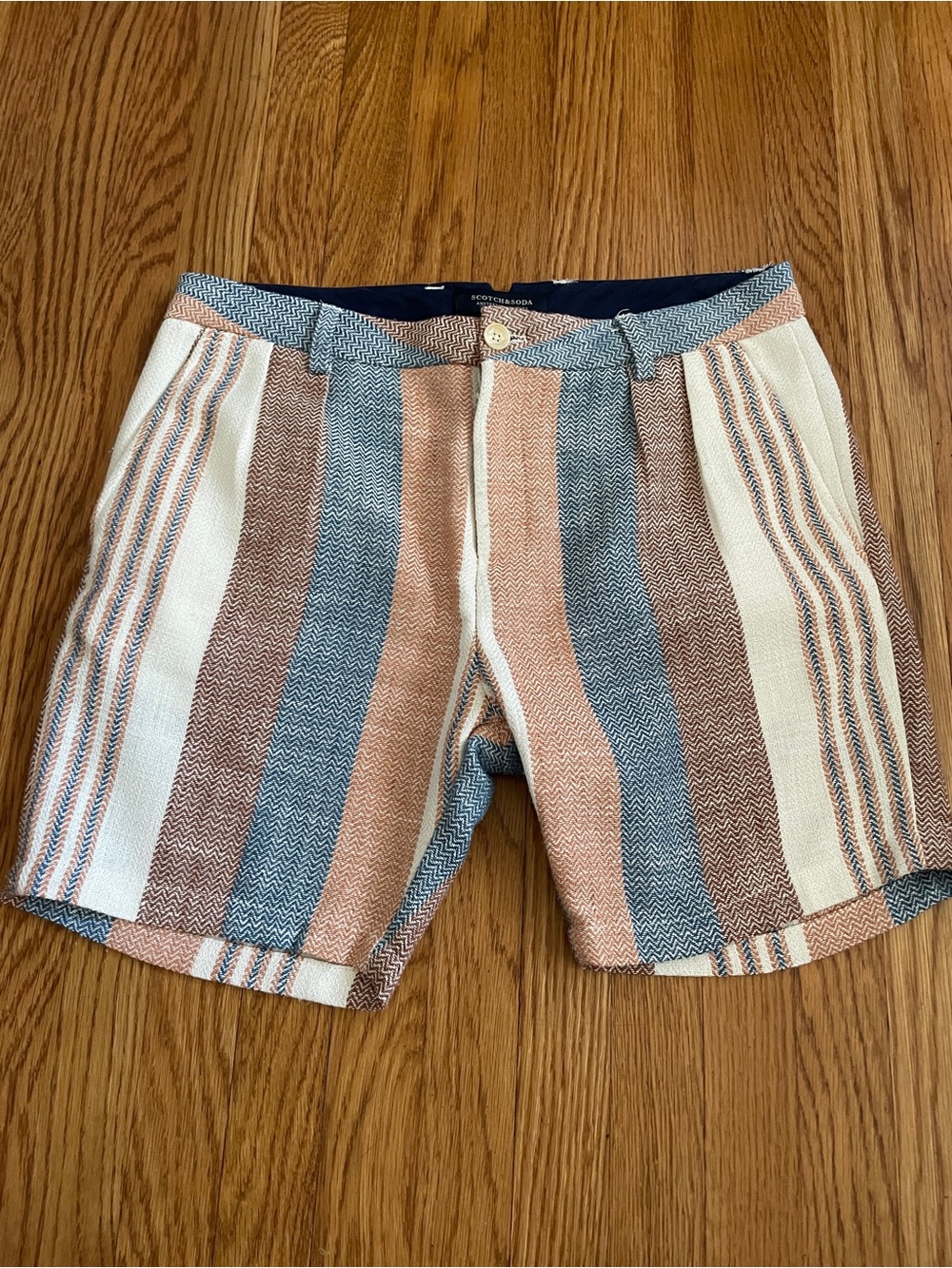 Scotch & Soda Striped Blue, Brown, Cream Men’s Flat Front Shorts 30